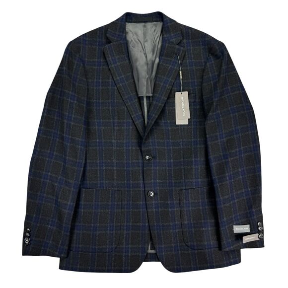Michael Kors Mens Keates Classic Fit Wool Plaid Sport Coat Charcoal Blue 40R - Picture 1 of 5
